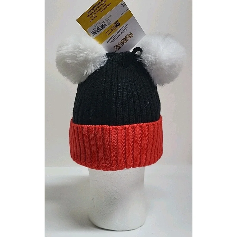 New Peanuts Snoopy Woodstock‎ Beanie Pom Pom Red Cuff Black Knit Winter Hat Kid